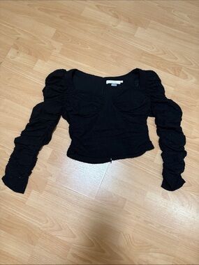 Astr Black Sparkle Puff-Sleeve Ruched Long Sleeve Top
